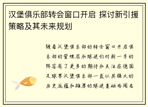 汉堡俱乐部转会窗口开启 探讨新引援策略及其未来规划
