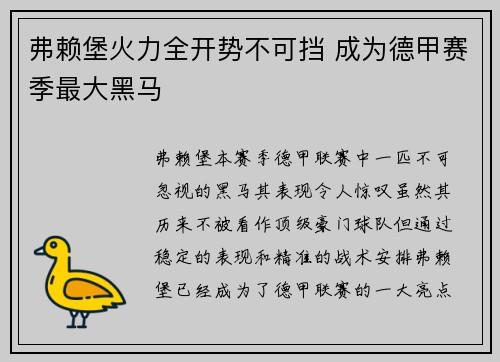 弗赖堡火力全开势不可挡 成为德甲赛季最大黑马